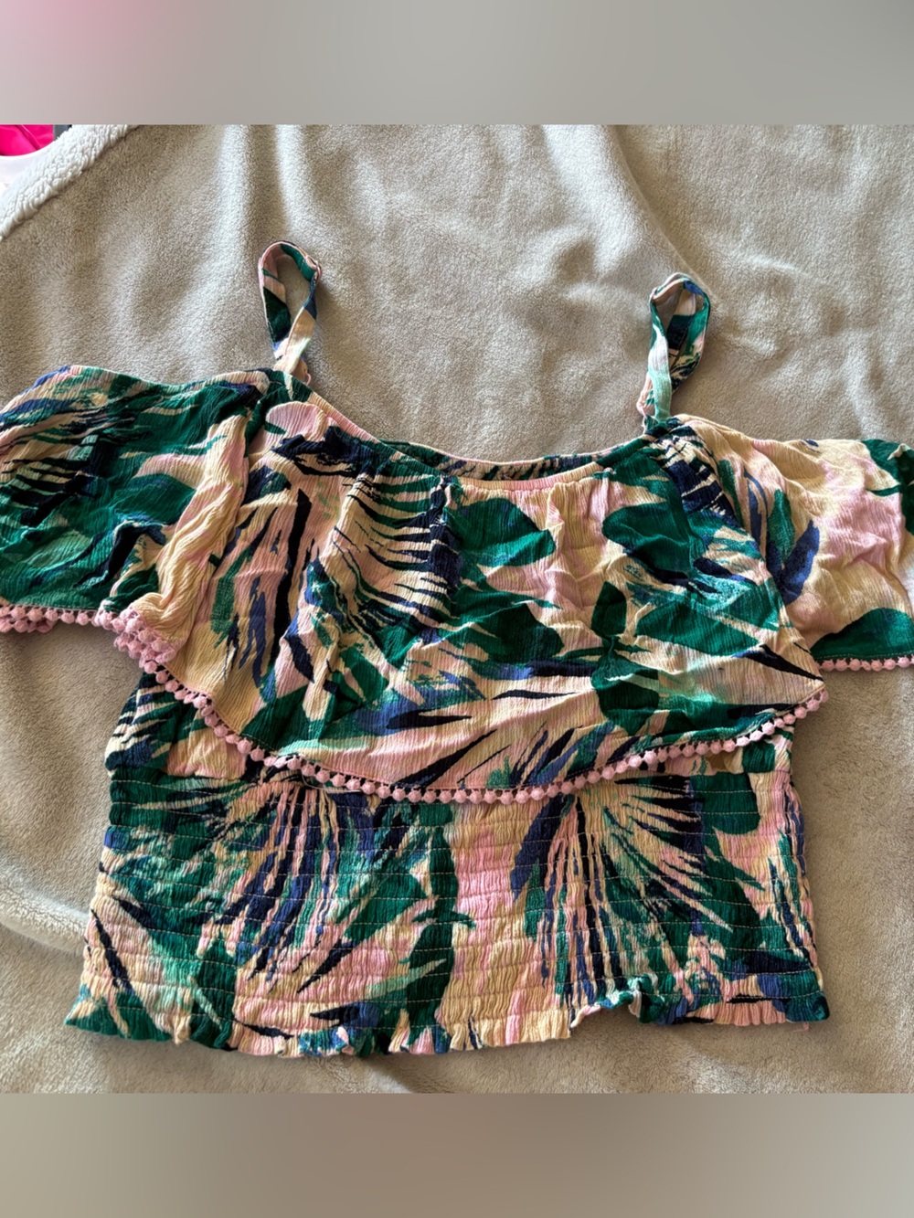 torrid Pink and Green Tropical Off-Shoulder Crop Top